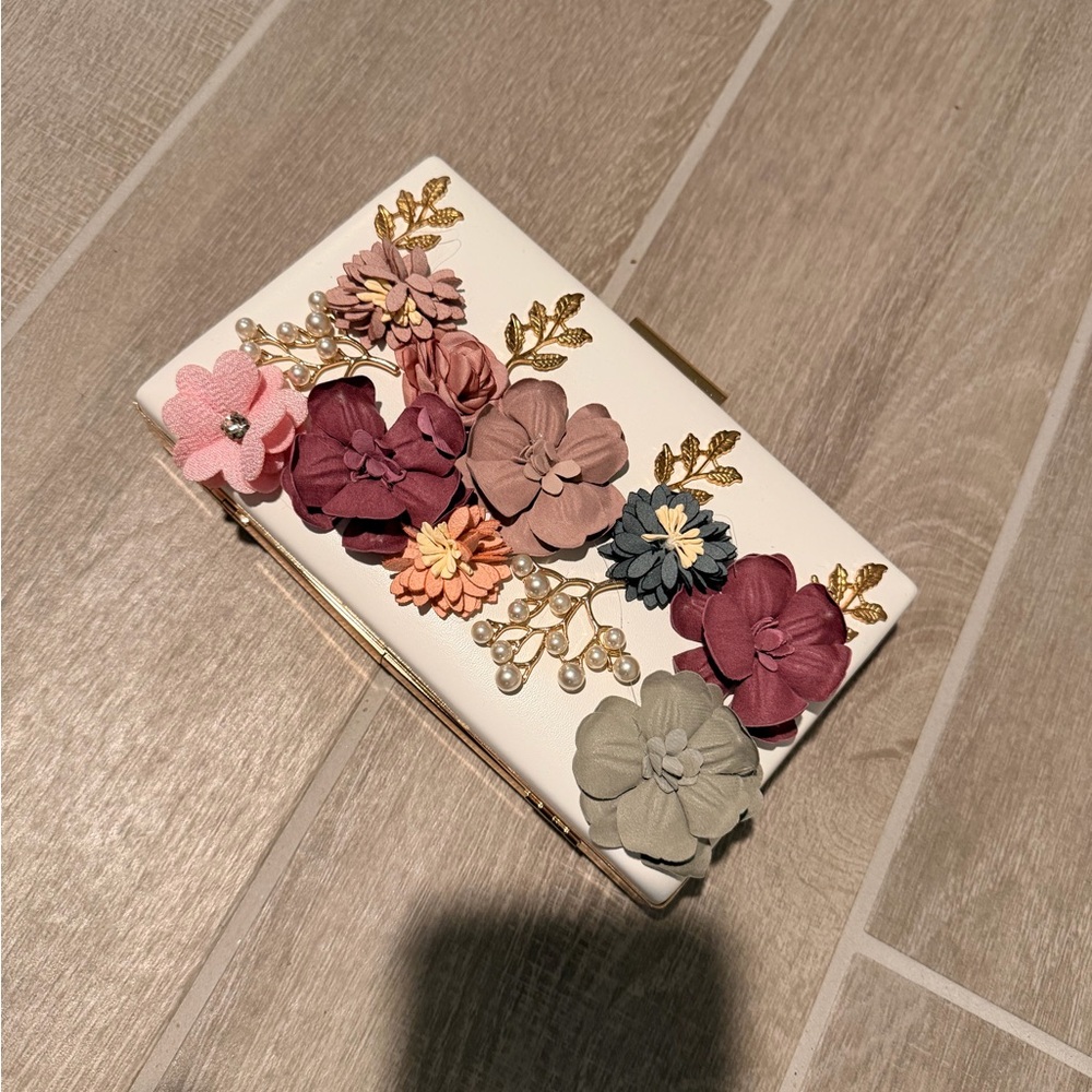 JW PEI Floral Embellished White Clutch